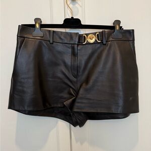 Versace Black Genuine Leather Mini Shorts w Gold Versace Medusa Metal Detail.